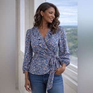 Lauren Ralph Lauren Floral Wrap Blouse Blue and Burnt Orange. Large. Great Cond